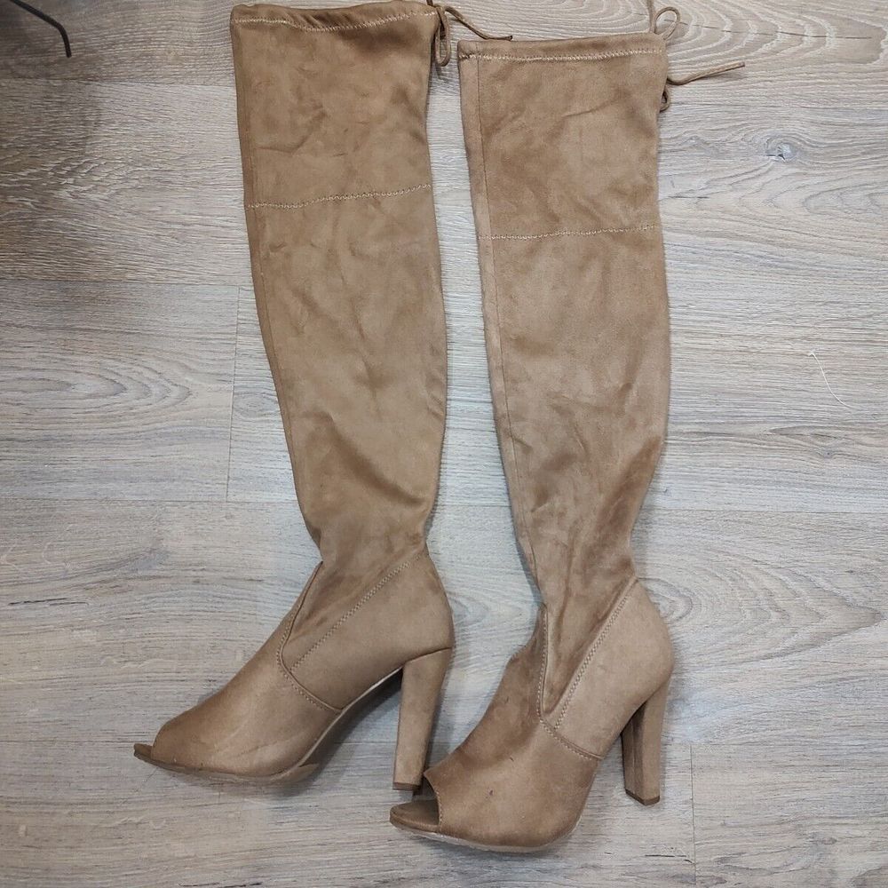 Forever Thigh High Boots Women 9 Brown Suede Open Peekaboo Toe Over The Knee